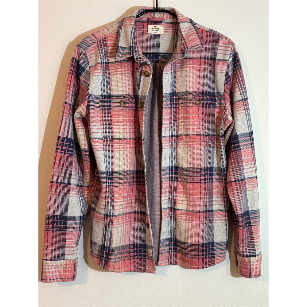 Marine Layer Overshirt Shirt Jacket Womens M Pink Navy Cream Plaid Stretch